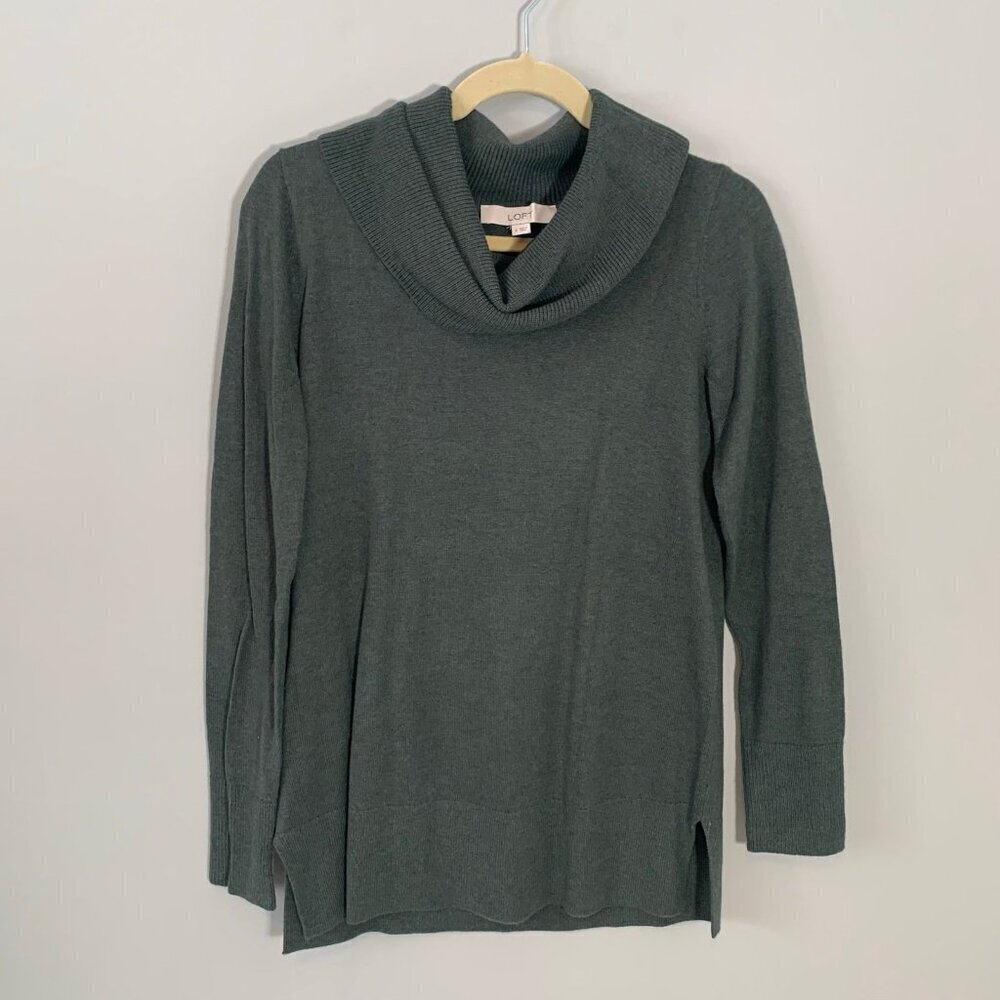 LOFT Cowl Neck Sweater Women Small Green Marled Tunic‎ Side Slit Long Sleeve